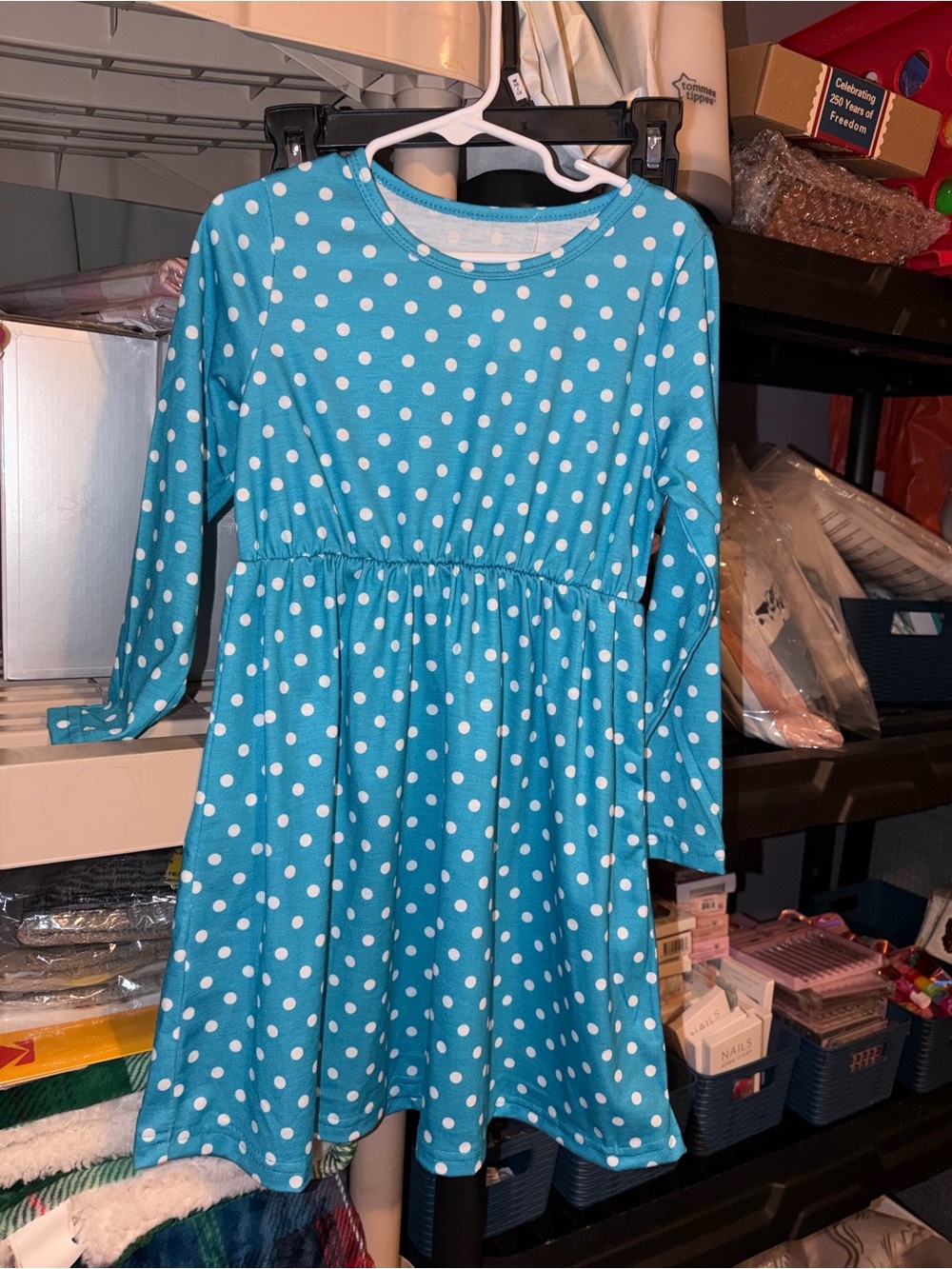 Girls' Blue Polka Dot Long-Sleeve Dress
